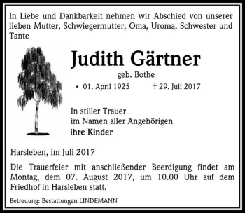 Traueranzeige von Judith Gärtner (geb. Bothe)  von Magdeburger Volksstimme