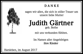 Traueranzeige von Judith Gärtner (geb. Bothe)  von Magdeburger Volksstimme