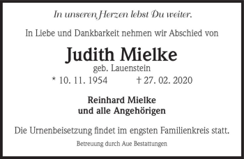 Traueranzeige von Judith Mielke (geb. Lauenstein)  von Magdeburger Volksstimme