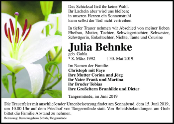 Traueranzeige von Julia Behnke (geb. Guhla )  von Magdeburger Volksstimme