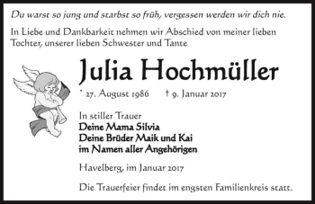 Traueranzeige von Julia Hochmüller  von Magdeburger Volksstimme