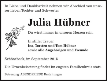 Traueranzeige von Julia Hübner  von Magdeburger Volksstimme