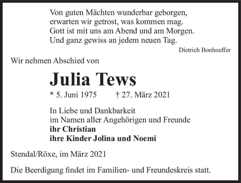  Traueranzeige für Julia Tews  vom 31.03.2021 aus Magdeburger Volksstimme