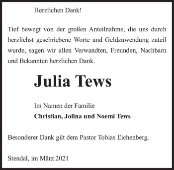 Traueranzeige von Julia Tews  von Magdeburger Volksstimme