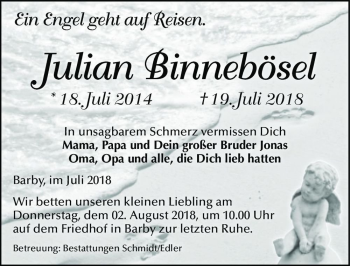 Traueranzeige von Julian Binnebösel  von Magdeburger Volksstimme