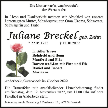 Traueranzeige von Juliane Breckel (geb. Zahn)  von Magdeburger Volksstimme