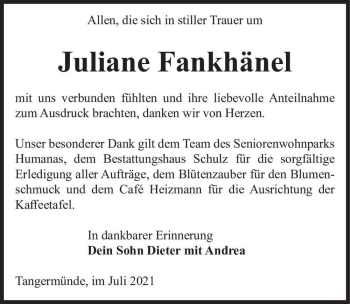 Traueranzeige von Juliane Fankhänel  von Magdeburger Volksstimme