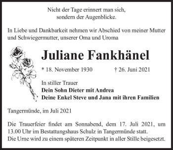 Traueranzeige von Juliane Frankhänel  von Magdeburger Volksstimme
