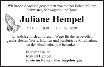 Traueranzeige von Juliane Hempel  von Magdeburger Volksstimme