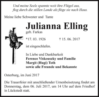Traueranzeige von Julianna Elling (geb. Farkas)  von Magdeburger Volksstimme