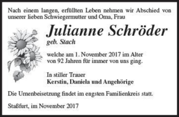 Traueranzeige von Julianne Schröder (geb. Stach)  von Magdeburger Volksstimme