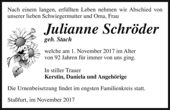 Traueranzeige von Julianne Schröder (geb. Stach)  von Magdeburger Volksstimme