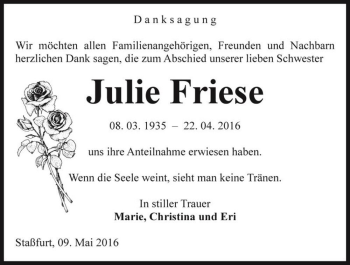 Traueranzeige von Julie Friese  von Magdeburger Volksstimme