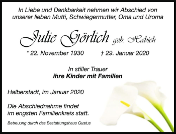 Traueranzeige von Julie Görlich (geb. Habich)  von Magdeburger Volksstimme