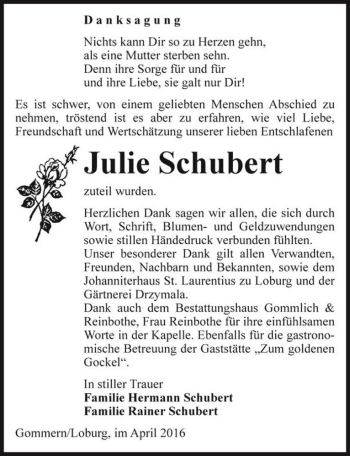 Traueranzeige von Julie Schubert  von Magdeburger Volksstimme