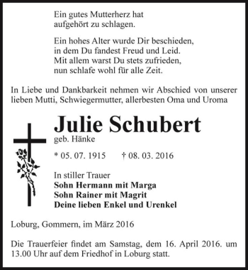 Traueranzeige von Julie Schubert (geb. Hänke)  von Magdeburger Volksstimme