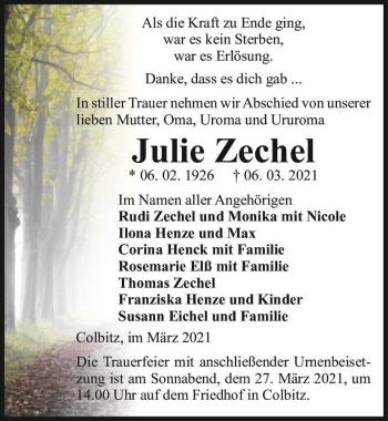 Traueranzeige von Julie Zechel  von Magdeburger Volksstimme