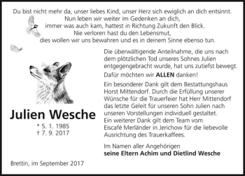 Traueranzeige von Julien Wesche  von Magdeburger Volksstimme