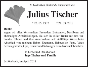 Traueranzeige von Julius Tischer  von Magdeburger Volksstimme