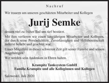 Traueranzeige von Jurij Semke  von Magdeburger Volksstimme