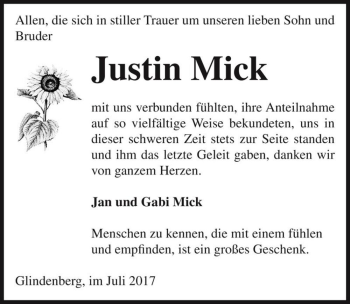 Traueranzeige von Justin Mick  von Magdeburger Volksstimme