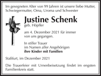 Traueranzeige von Justine Schenk (geb. Höpfler)  von Magdeburger Volksstimme