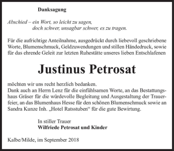 Traueranzeige von Justinus Petrosat  von Magdeburger Volksstimme