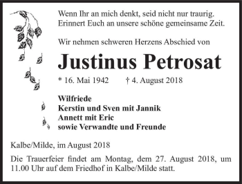 Traueranzeige von Justinus Petrosat  von Magdeburger Volksstimme
