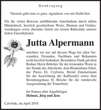 Traueranzeige von Jutta Alpermann  von Magdeburger Volksstimme