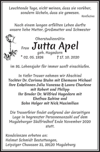 Traueranzeige von Jutta Apel (geb. Hagedorn)  von Magdeburger Volksstimme