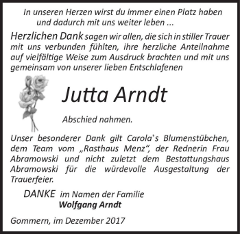 Traueranzeige von Jutta Arndt  von Magdeburger Volksstimme