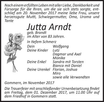 Traueranzeige von Jutta Arndt (geb. Brandt)  von Magdeburger Volksstimme