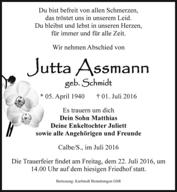 Traueranzeige von Jutta Assmann (geb. Schmidt)  von Magdeburger Volksstimme