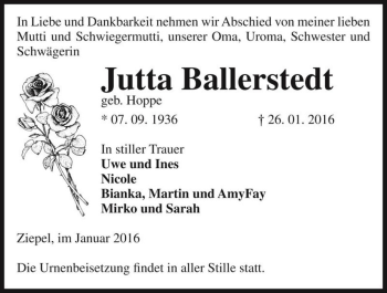Traueranzeige von Jutta Ballerstedt (geb. Hoppe)  von Magdeburger Volksstimme