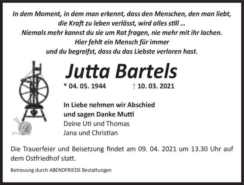  Traueranzeige für Jutta Bartels  vom 27.03.2021 aus Magdeburger Volksstimme