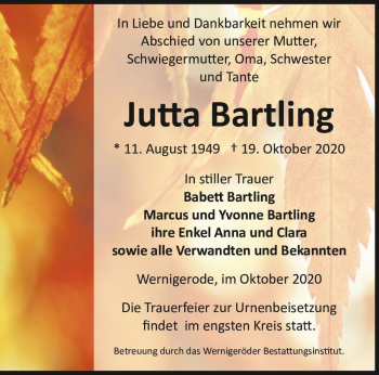 Traueranzeige von Jutta Bartling  von Magdeburger Volksstimme