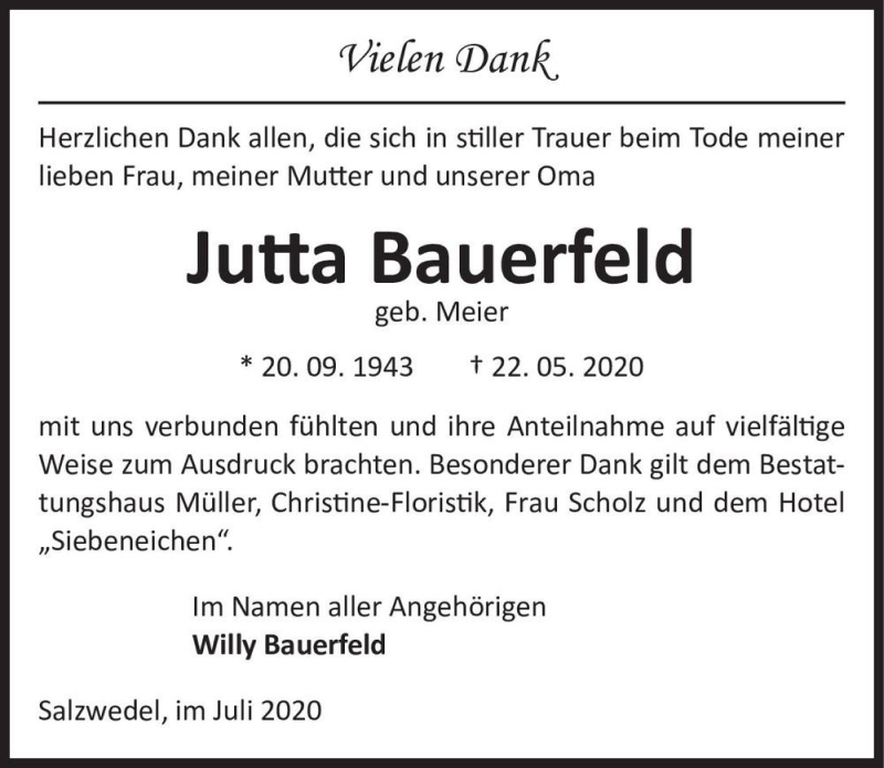  Traueranzeige für Jutta Bauerfeld (geb. Meier)  vom 07.07.2020 aus Magdeburger Volksstimme