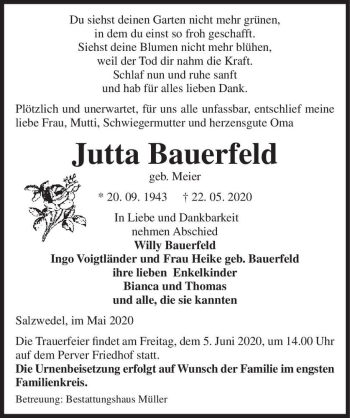 Traueranzeige von Jutta Bauerfeld (geb. Meier)  von Magdeburger Volksstimme