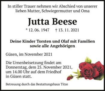 Traueranzeige von Jutta Beese  von Magdeburger Volksstimme