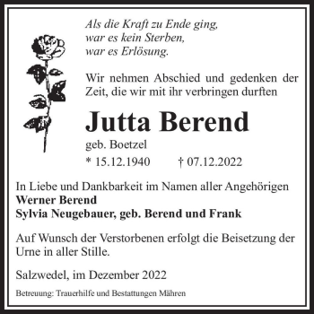 Traueranzeige von Jutta Berend (geb. Boetzel)  von Magdeburger Volksstimme