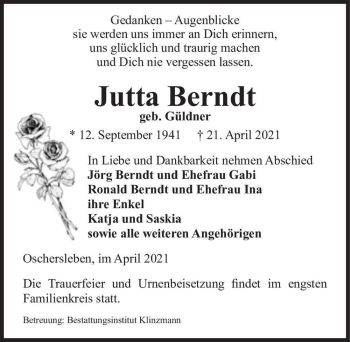 Traueranzeige von Jutta Berndt (geb. Güldner)  von Magdeburger Volksstimme