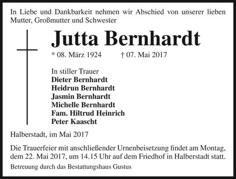  Traueranzeige für Jutta Bernhardt  vom 13.05.2017 aus Magdeburger Volksstimme