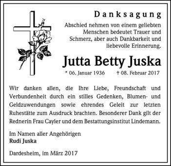 Traueranzeige von Jutta Betty Juska  von Magdeburger Volksstimme