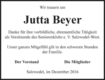 Traueranzeige von Jutta Beyer  von Magdeburger Volksstimme