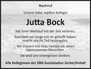 Traueranzeige von Jutta Bock  von Magdeburger Volksstimme