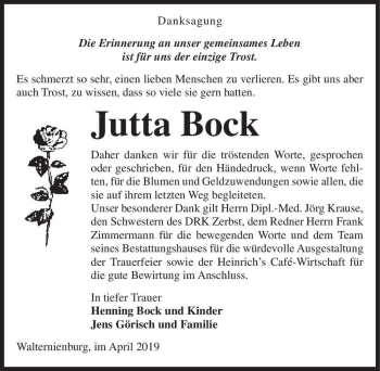 Traueranzeige von Jutta Bock  von Magdeburger Volksstimme