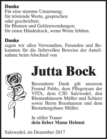 Traueranzeige von Jutta Bock  von Magdeburger Volksstimme