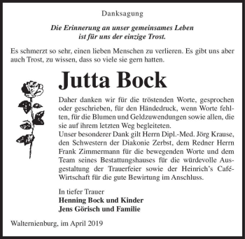 Traueranzeige von Jutta Bock  von Magdeburger Volksstimme