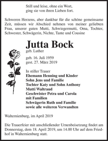 Traueranzeige von Jutta Bock (geb. Luther)  von Magdeburger Volksstimme
