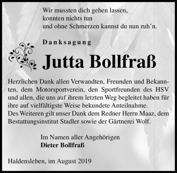 Traueranzeige von Jutta Bollfraß  von Magdeburger Volksstimme
